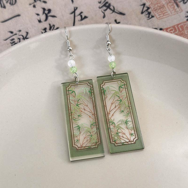 Peony & Bamboo Long Retro Earrings: Chinese Style Creative Acrylic Hooks for Women