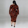 Plus Size Womens V-Neck Long Sleeve Midi Dress Leopard Print Milk Silk Stretch Fit 2025