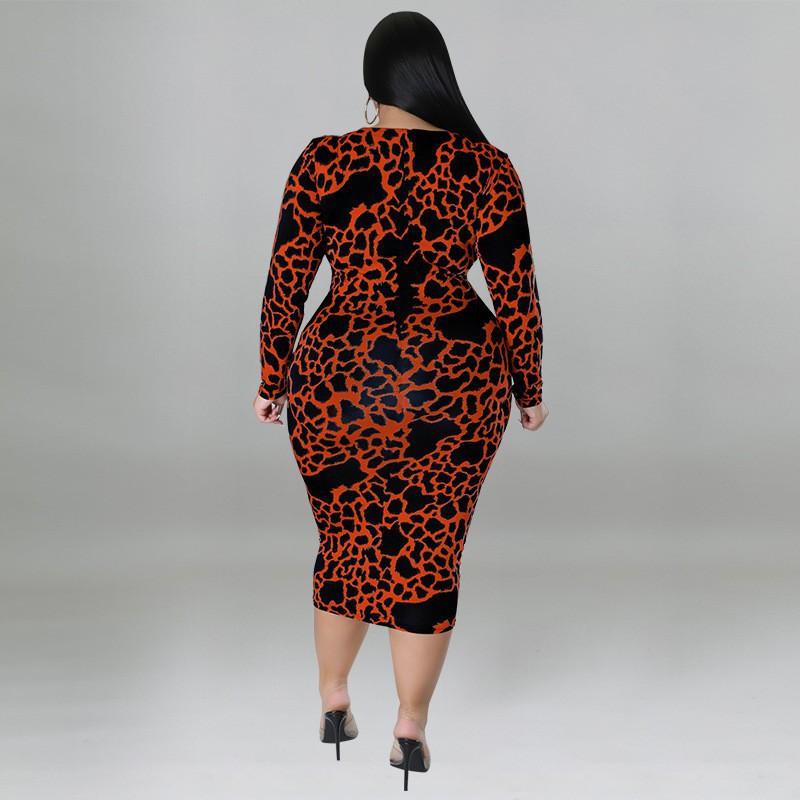 Plus Size Womens V-Neck Long Sleeve Midi Dress Leopard Print Milk Silk Stretch Fit 2025