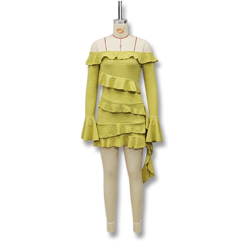 2024 Autumn Strapless Ruffle Off-the-Shoulder Bell Sleeve Sash Dress