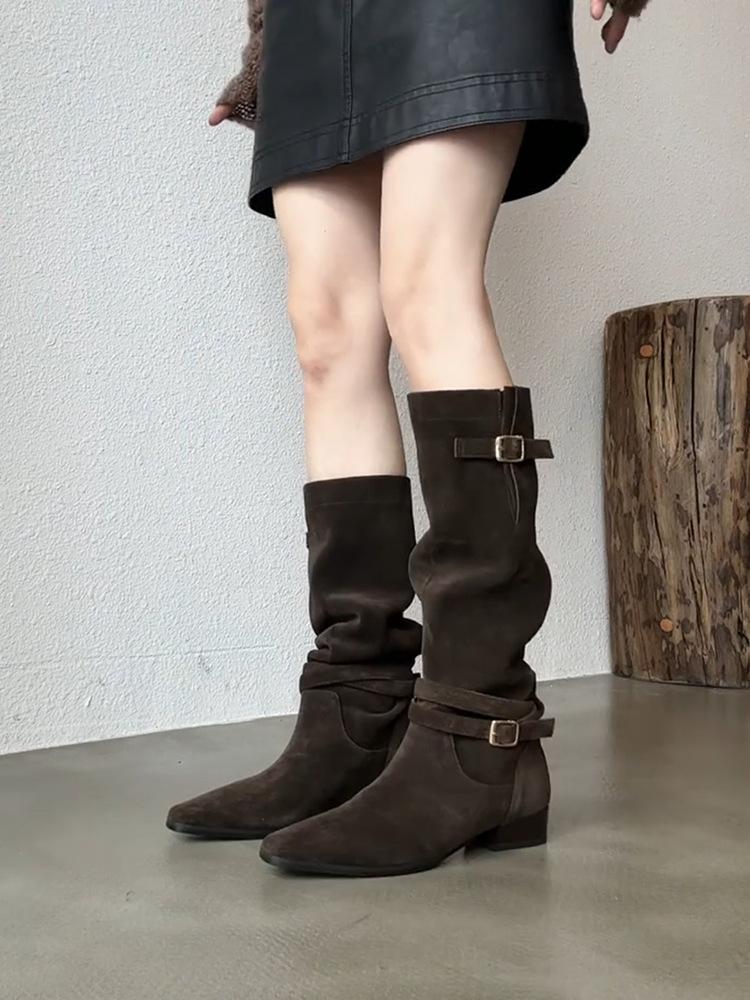 Pleated Pile Boots Women's Skinny Low Heel Autumn and Winter But Knee Fashion Boots Suede Belt Buckle Boots