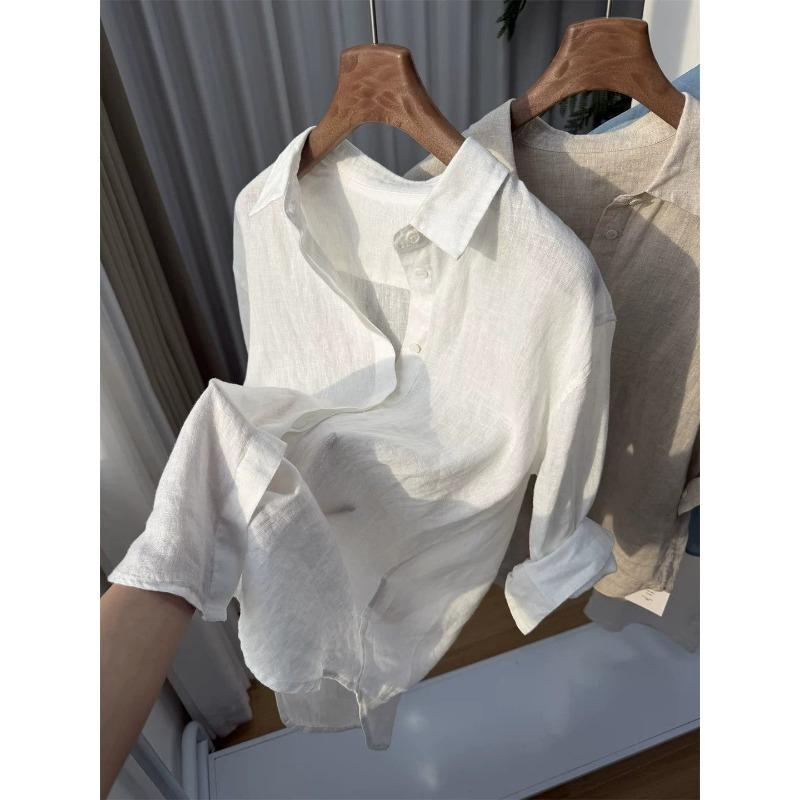 Womens French Style Loose Solid Linen Long Sleeve Thin Casual Summer Shirt Top