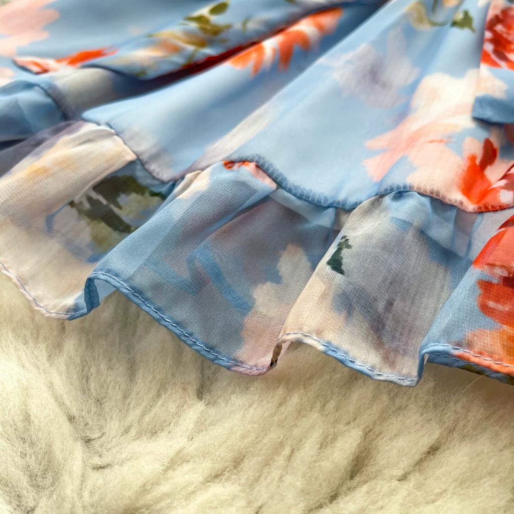 Women Off Shoulder Floral Print Short Dress Long Sleeve Ruffle Splice Smocked Waist A-Line Mini Skirt Casual Summer Beach Vacation Dress