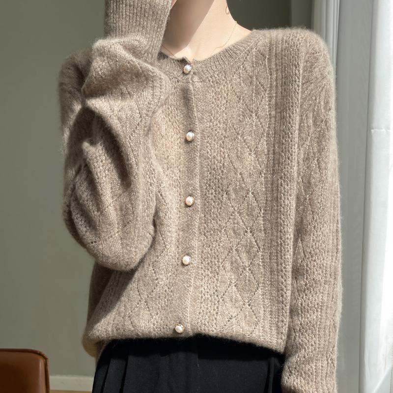 Spring Autumn Fashion Women's Crewneck Sweater Pearl Buckle Hollow Long Sleeve Knitted Cardigan Women