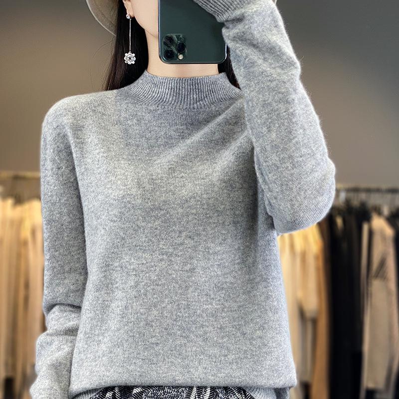 Women's Pure Wool Half-High Neck Sweater - Loose Fit Knitwear for Autumn and Winter