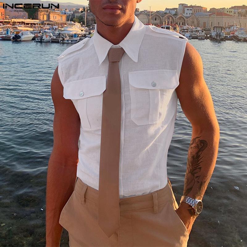 

INCERUN мужские рубашки без рукавов с воротником с лацканами, майки 4XL хаки