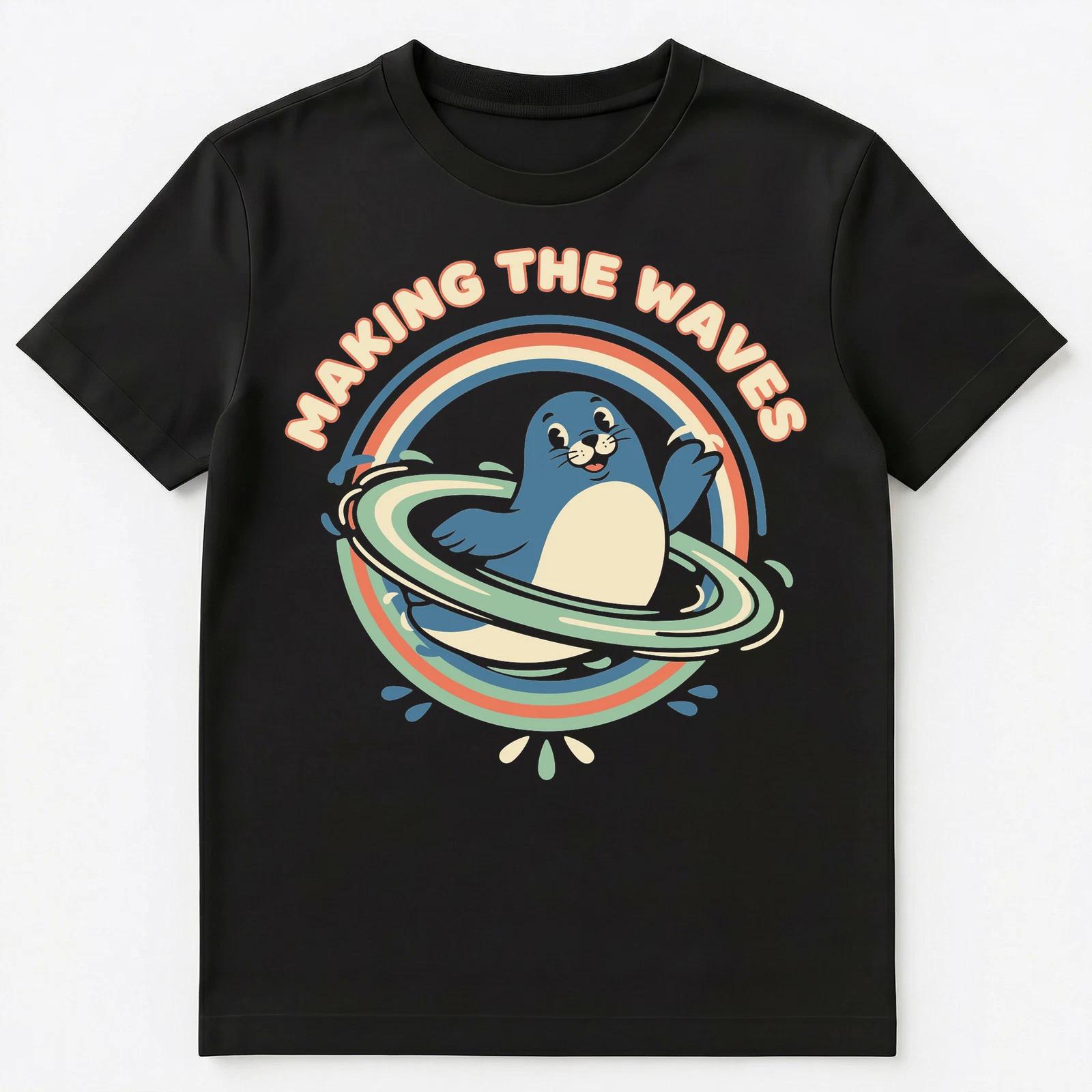 

Playful Seal Making The Waves Retro Design Unisex T-Shirt 4XL