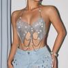 Rhinestone Mesh Halter Hollow Out Chain Casual Crop Top