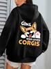 Women's Plus Size Casual Hooded Pullover Sweatshirt with Geometric Corgi Print, 100% Polyester Knit Fabric with Slight Stretch, Fr