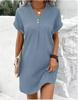 European & American Women's V-neck Solid Color Pullover Dress - 2023 Casual Fashion, Button Detail.