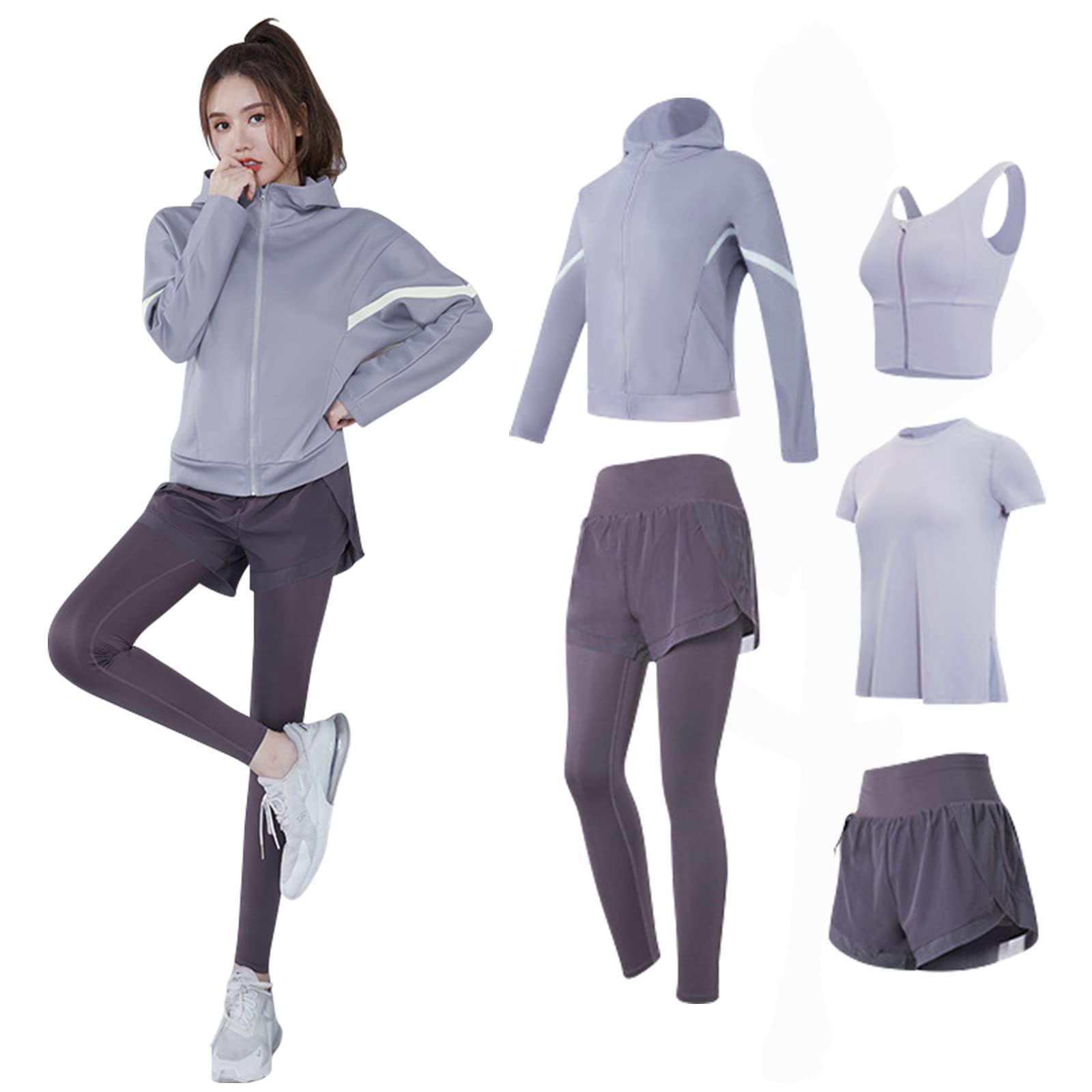 

Mskikefly Йога и Тренировки Бег Спорт Длинный Шорты и Подходит для Всех Сезонов Женский Комплект из 5 Предметов, Эластичный, Влагоотводящий, Быстросохнущий, фиолетовый