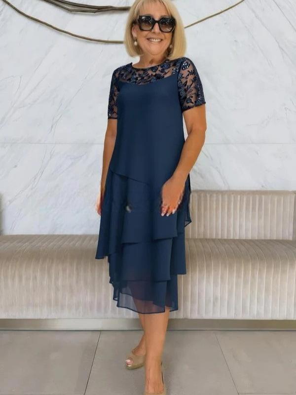 

2025 Елегантна шифонова сукня з мереживними вставками: Літня мода для жінок Європи та Америки L темно-синього кольору