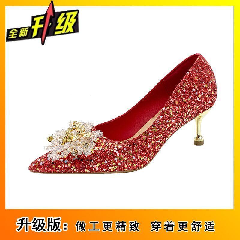 Fashion two-wear bride shoes women's spring and summer new models are not tired feet French pointed head shallow mouth high heels women's wedding