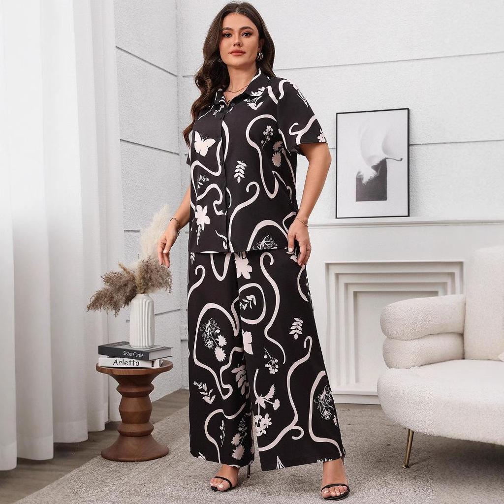 2025 New Plus Size Printed Loose Short Sleeve Cardigan & Wide Leg Pants Set for Women