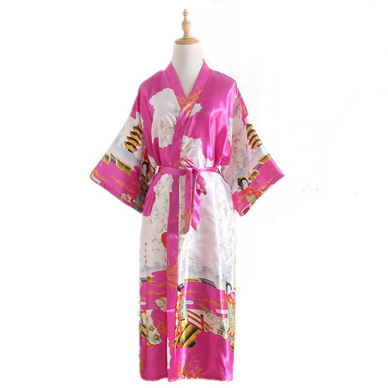 Cămașă de noapte pentru femei în stil kimono Halat de baie lung de mătase cu centură Haine japoneze Pijamale din mătase cu imprimeu de păun