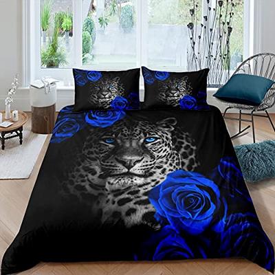 Leopard Duvet Cover Set King Size, Wildlife Animal Bedding Set for Teens Kids Boys Girls,Blue Rose Flowers Soft Comforter Cover
