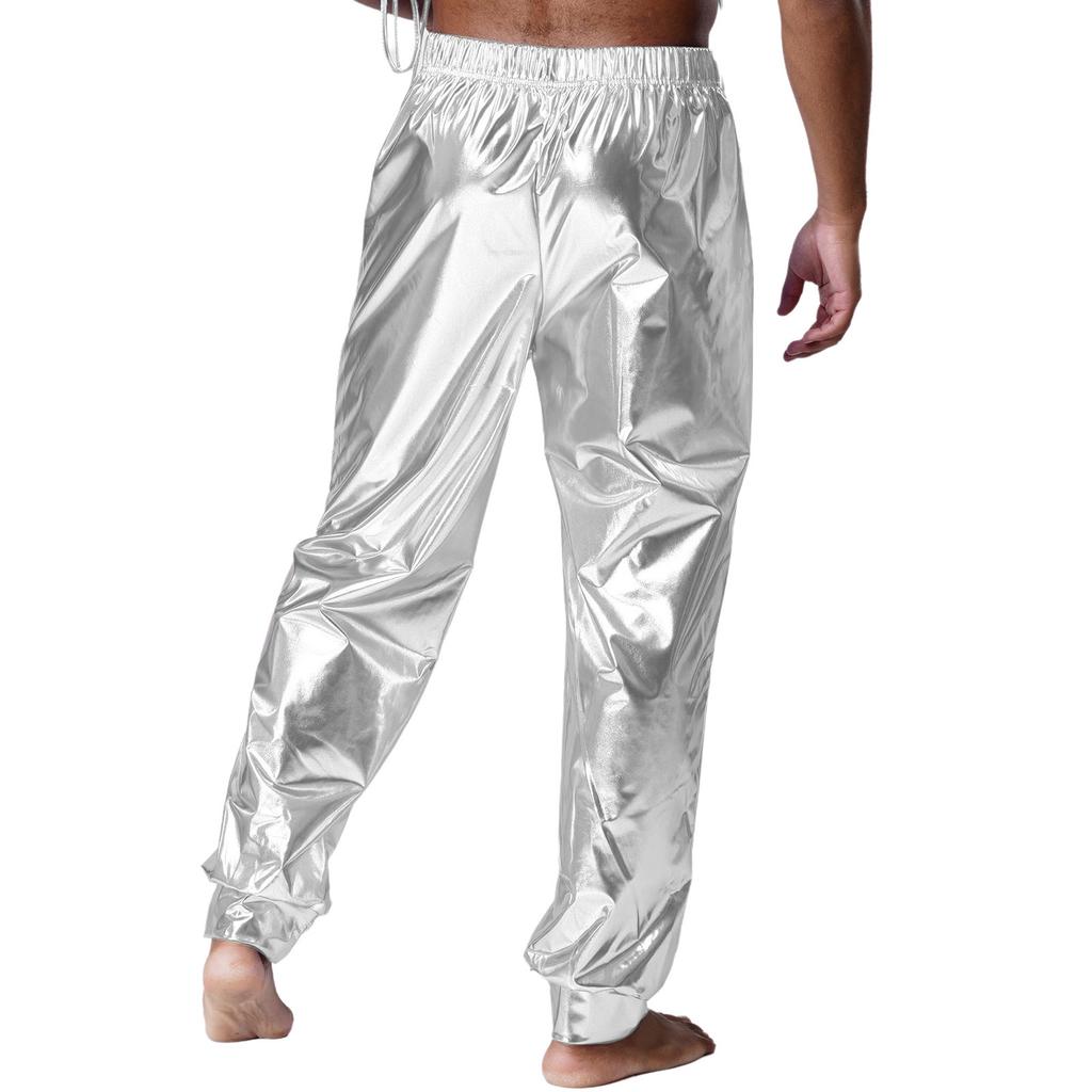 Mens Shiny Sport Pants Metallic High Waist Elastic Waist Loose Fit Modern Dance Pants Performance Wear