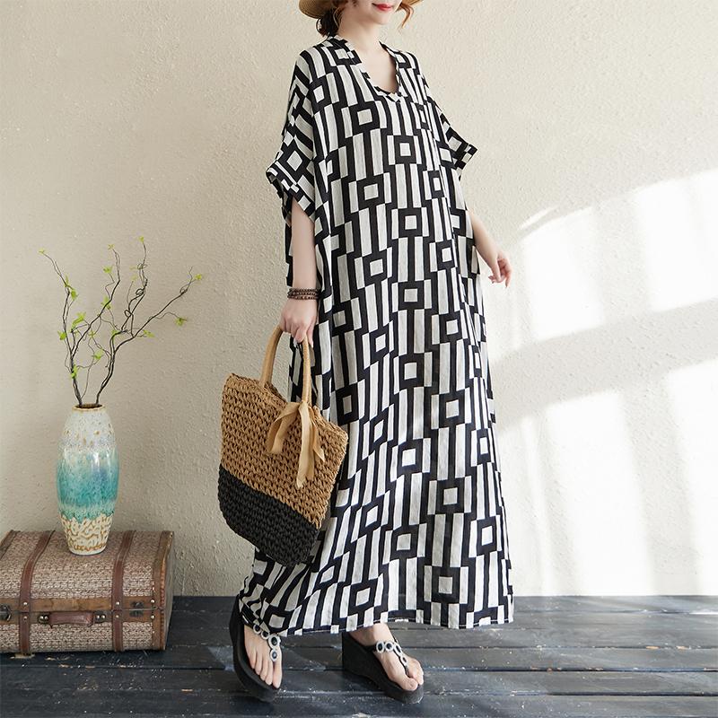 

DIMANAF 2025 Новое женское летнее повседневное платье больших размеров Винтажное длинное платье Свободное макси Базовый принт Праздничное One Size чёрный