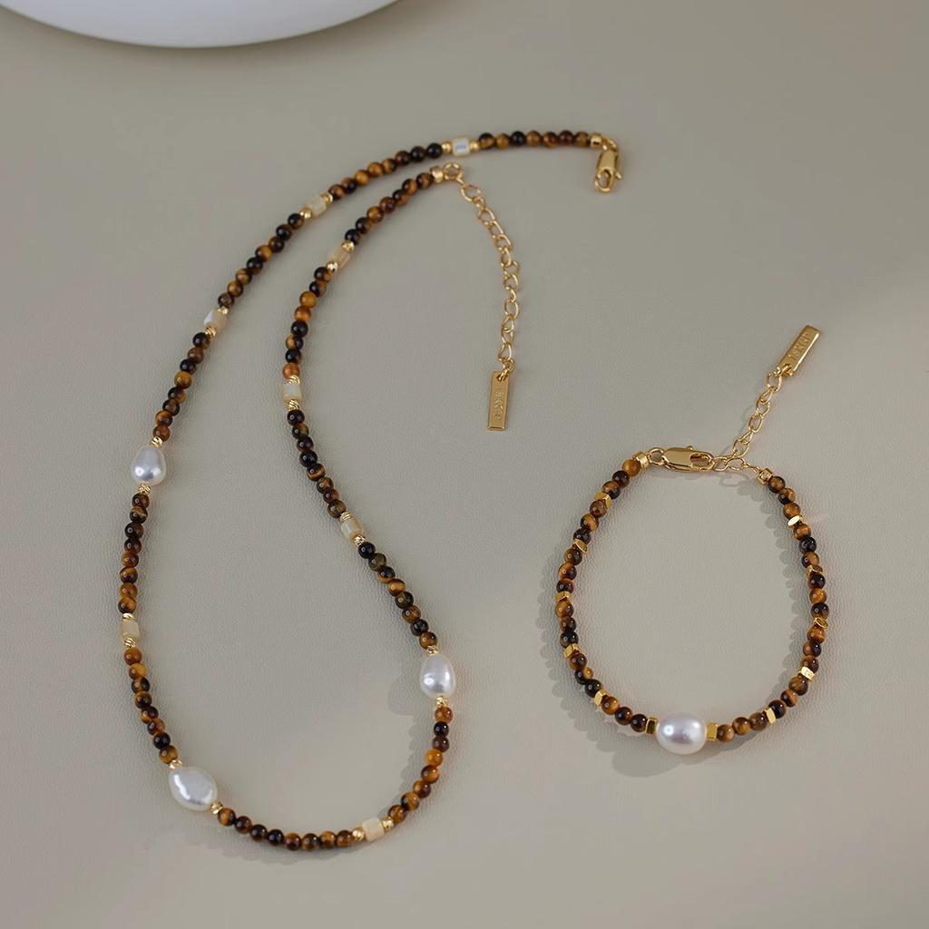 Maillard Tiger'S Eye Stone Freshwater Pearl Necklace Niche Design Necklace Bracelet Autumn And Winter Personality Fritillary Clavicle Chain Women
