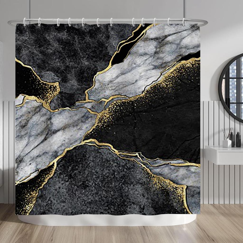 Schwarz-Gold Marmor Duschvorhang - Moderne Luxus Abstrakte Dekoration - Waschbarer Stoffvorhang - Dekoratives Badezimmerzubehör