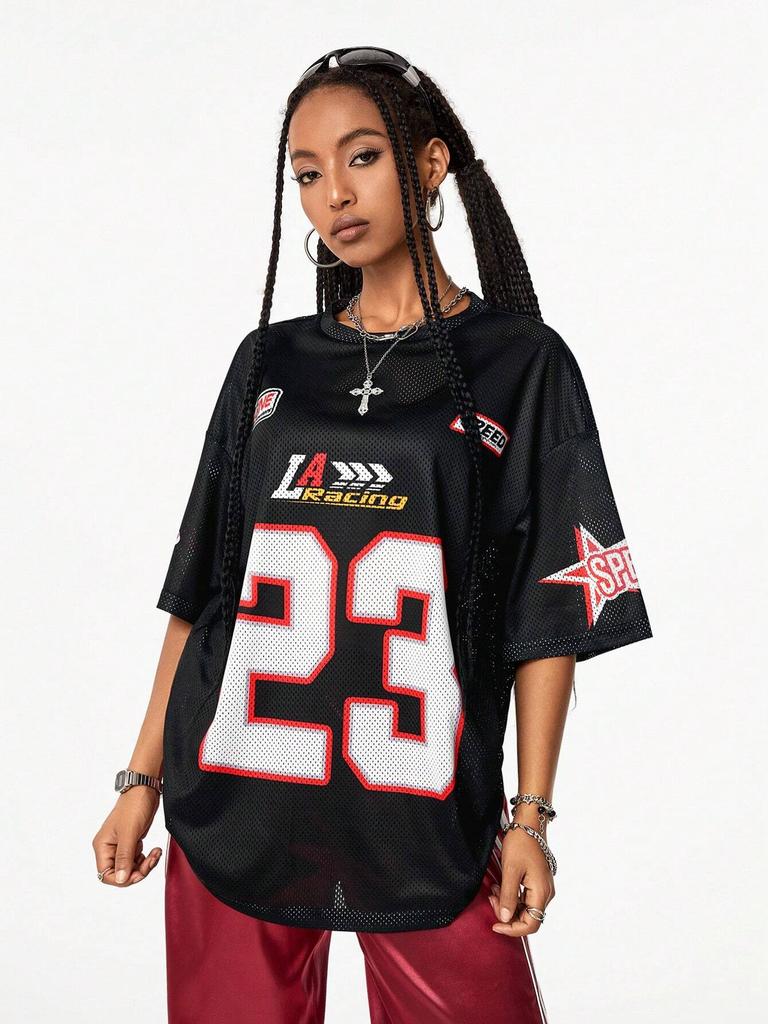 Maglia da Calcio da Donna con Scollo a V a Maniche Corte, Vestibilità Larga, in Rete, Stampa di Numeri e Lettere, T-shirt Oversize, Streetwear Y2K, Top Sportivo Casual Estivo