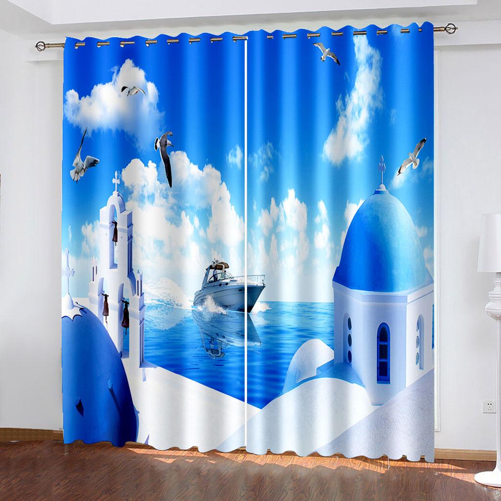 Coastal Scenery Series Deluxe Living Room Bedroom Decoration Sunshade Curtain 2 Pieces of Hook Punch