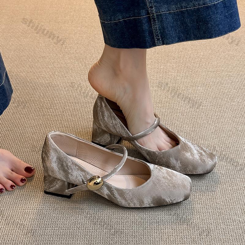 Women's Mary Jane Shoes Summer New Vintage Elegant High Heels Comfortable One Word Buckle Strap Square Toe Casual Shoes