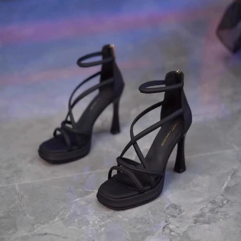 

Design waterproof table high heels summer square head rear zipper bag heel banquet shoes stiletto sandals women 39 чёрный