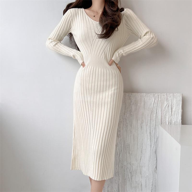 Early Autumn and Winter Retro V-neck Waist Design Slim Slimming Hip Skirt Long-sleeved Knitted Dress Women