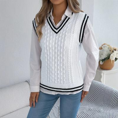 Women College Style Color Block V Neck Twisted Sleeveless Knit Sweater Vest