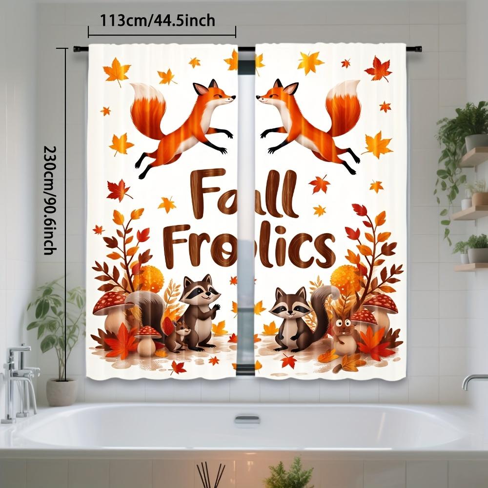 Set Of 2 Thanksgiving Fox Raccoon Cartoon Autumn Maple Leaf Curtains Polyester Semi Translucent Design Fall Fol Curtain Made With Rod Pocket
