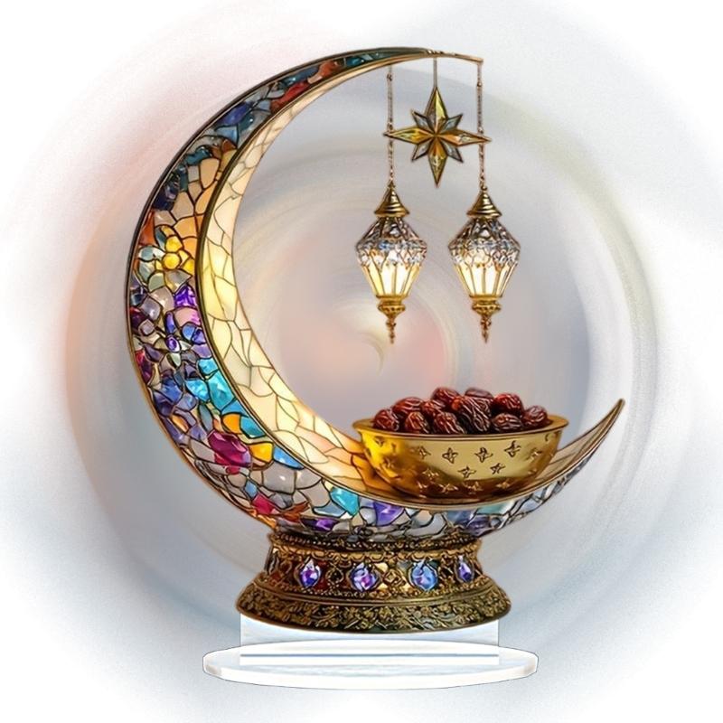 Islamic Eid Mubarak Table Sign 2D Acrylic Moon Lantern Ornament for Ramadans Muslims Festival Tabletop Decors Party Gift