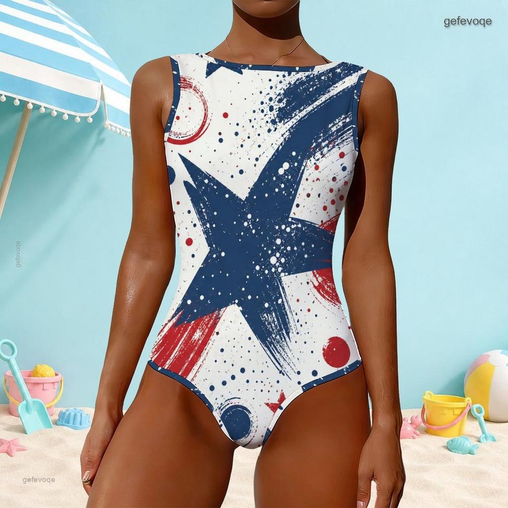 Women Plus Size High Round Neck Sleeveless Star Printed One Piece Swimsuit Red Blue White