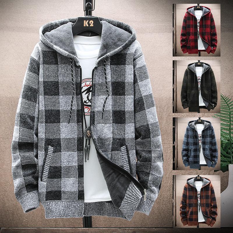 Plaid Hooded Cardigan Men Clothing V Neck Sweater Men Cardigen Retro Clothes Hip Hop Knitwear Autumn Winter