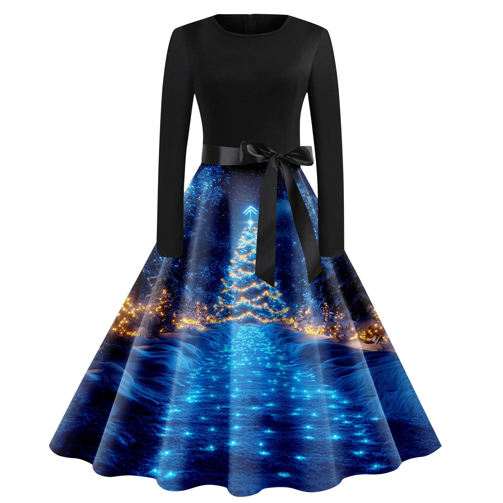 

Женское винтажное классическое платье с воротником на талии и галстуком-бабочкой с длинными рукавами и рождественским принтом, с круглым вырезом, свободное платье XL синий