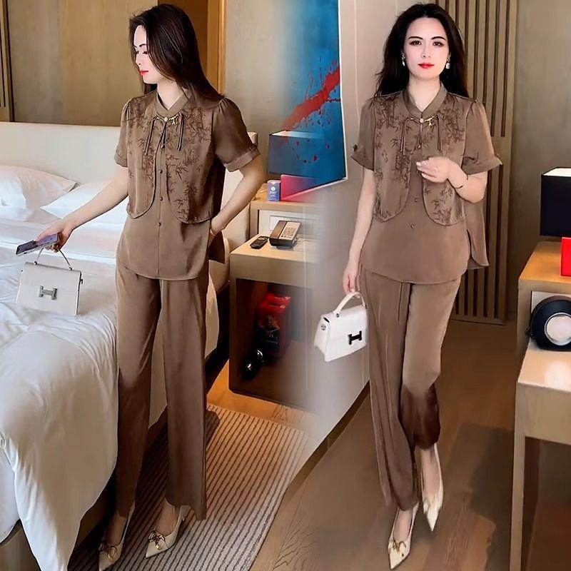 

2025 Лето Женский Шикарный Костюм-Двойка: Футболка с коротким рукавом и брюки широкого кроя M (Up to 100 Jin)