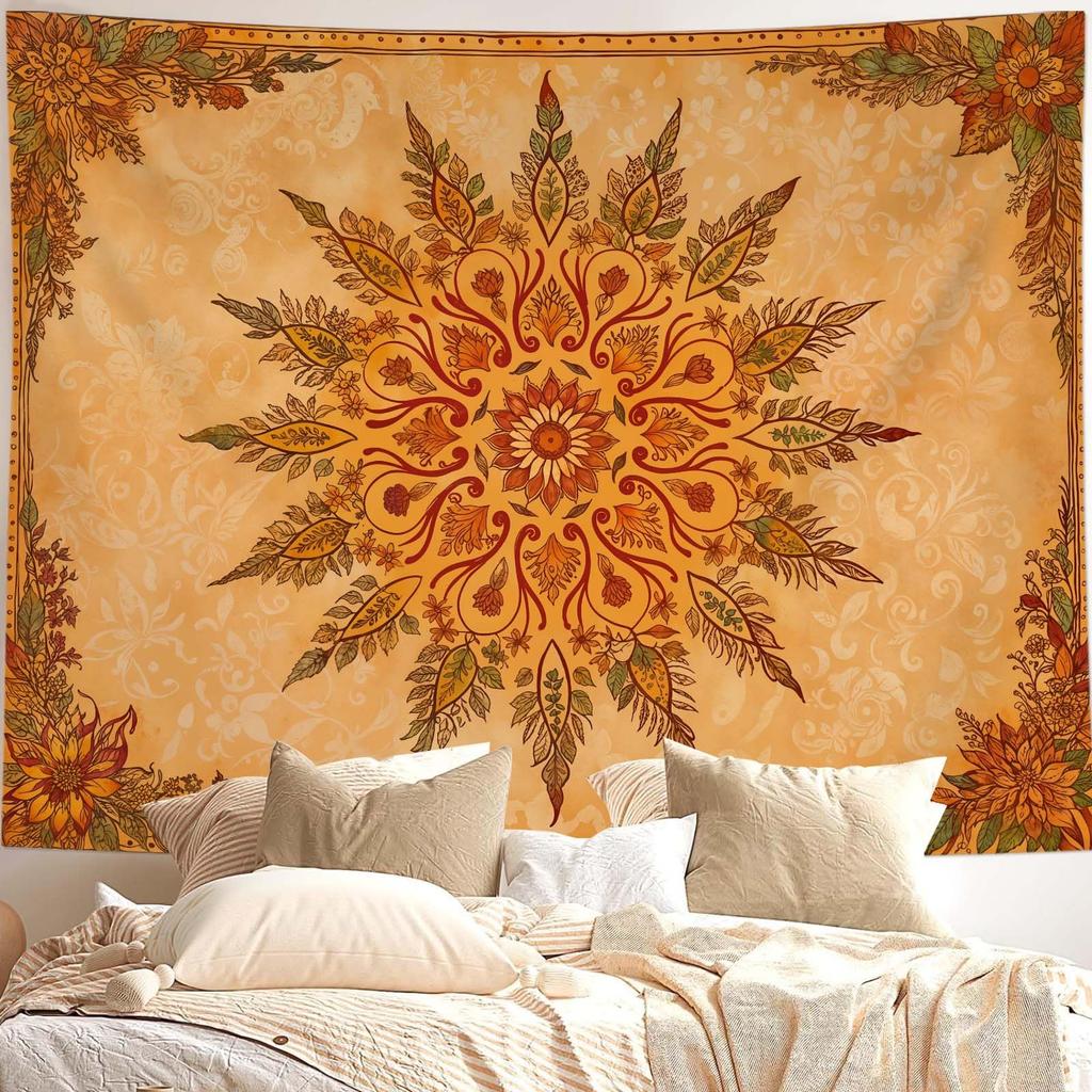 Bohemian Mandala Floral Tapestry | Flat Printed Large Retro Indian Style Orange Yellow Flower Wall Hanging For Bedroom Dorm