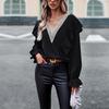 Women's Casual Loose Blouse Autumn Commuter V Neck Ruffles Long Sleeve Lace Shirt Top