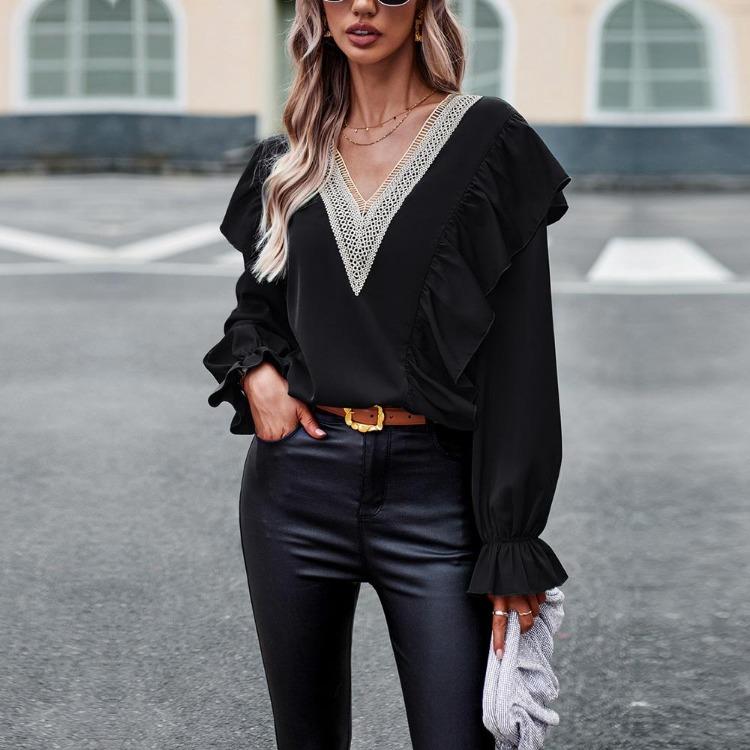 Women's Casual Loose Blouse Autumn Commuter V Neck Ruffles Long Sleeve Lace Shirt Top