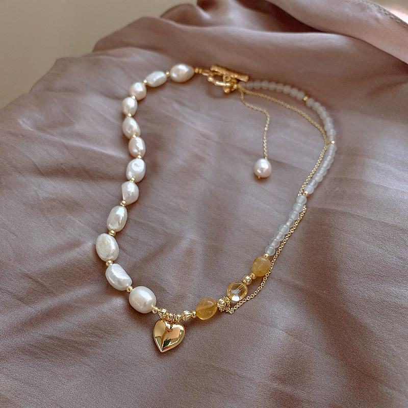 Romantic Love Heart Natural Baroque Freshwater Pearl & Yellow Crystal 14K Gold Filled Female  Sets For Necklace Bracelet