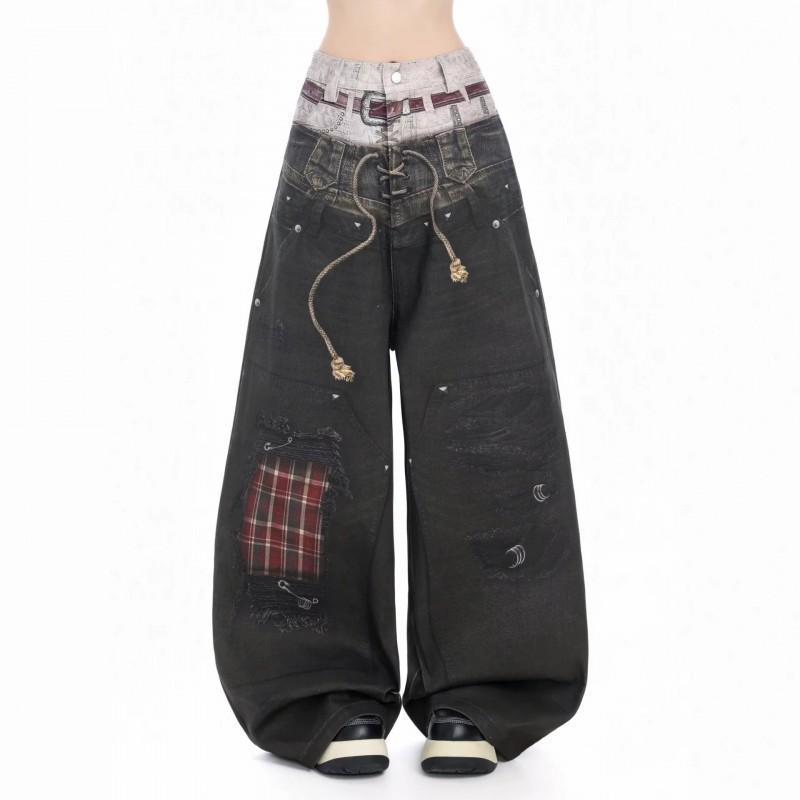 Womens American Streetwear Distressed Cut Jeans Loose Straight Wide Leg Hip Hop Pants
