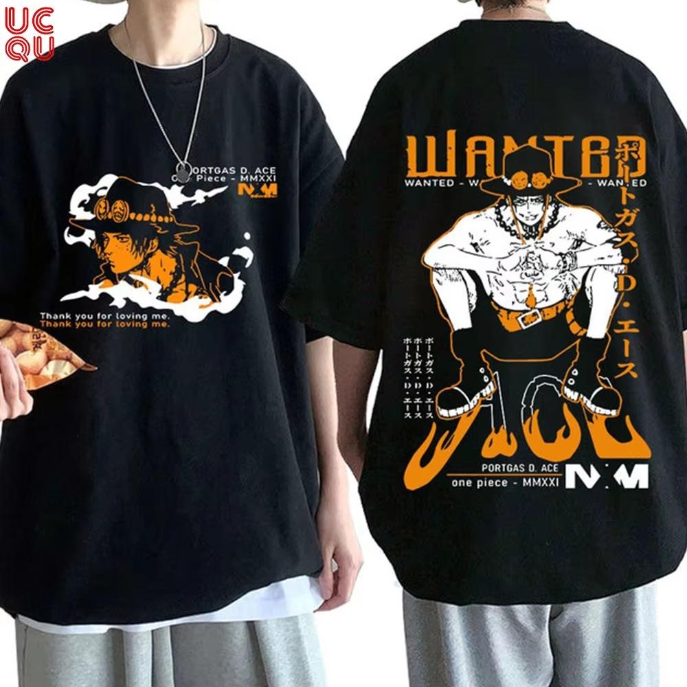 One Piece 2026 New Hot Portgas D Ace Unisex Pure Cotton Tshirt Summer Anime Doublesided Printed Parentchild Shirt