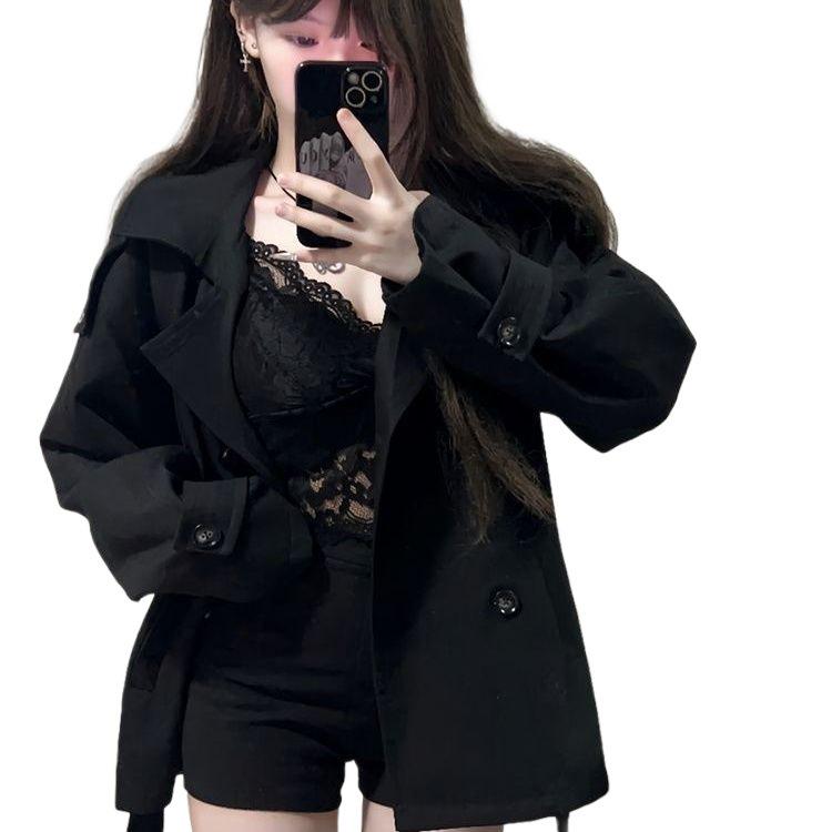 Damski Czarny Dwurzędowy Płaszcz Przejściowy Petite - Styl Jesień/Zima Podkreślający Talię