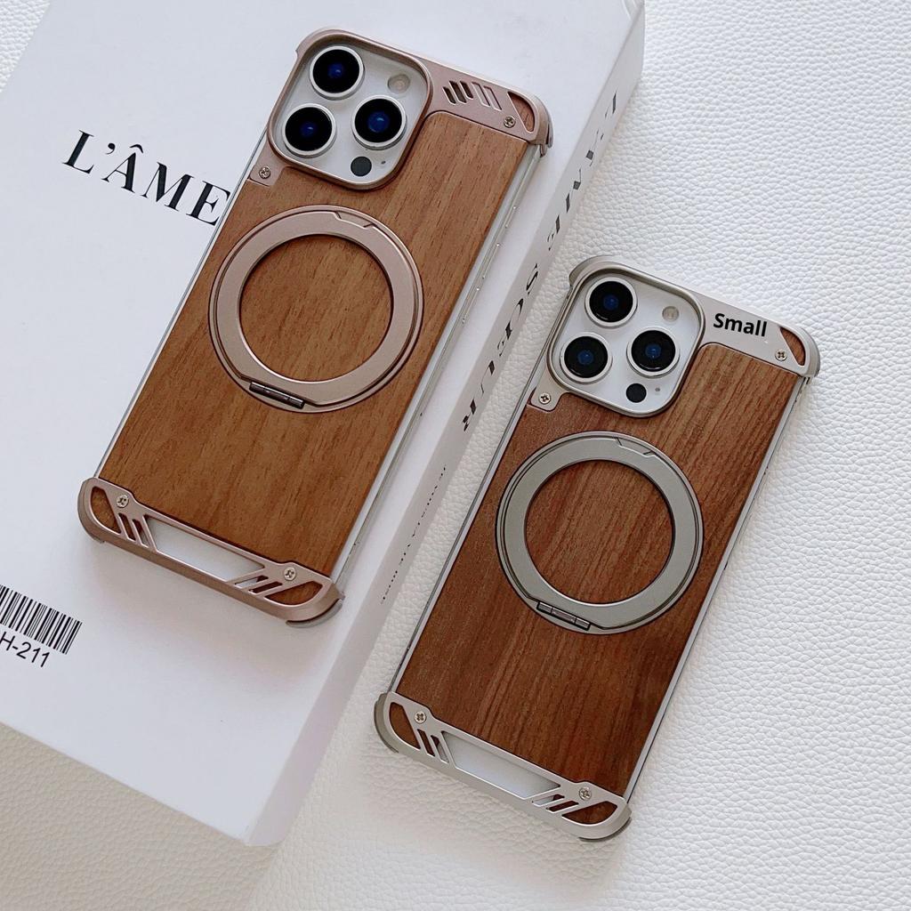 Solid Wood Metal Aromatherapy Walnut Phone Case for Apple 17promax Rotating Bracket Magnetic Including Phone Grip