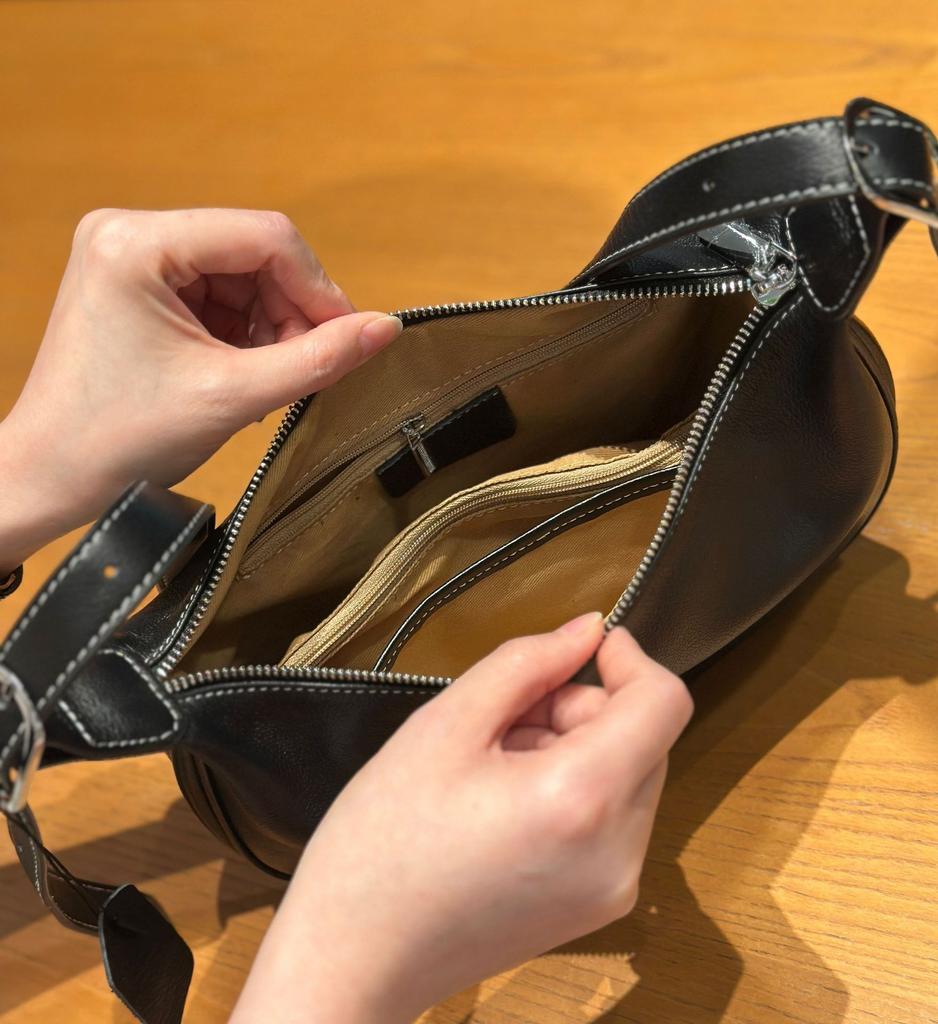 Women's Top Layer Cowhide Crossbody Bag - Ladies' Genuine Leather Model Crescent Bag, Vintage Stitching Shoulder Purse