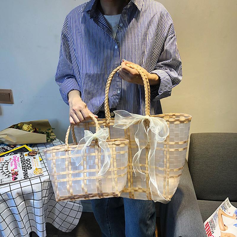 Summer Jelly Women Fashion Transparent Handbag Large Capacity Beach Bag Casual Woven Shopping Basket Tote MIT