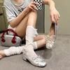 Single shoes women's 2025 spring new with skirt silver square head bow versatile thick heel French temperament Mary Jane