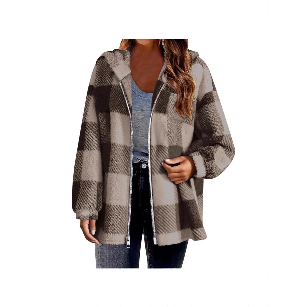 2025 Plaid Loose Fit Long Sleeve Hooded Fuzzy Zip-Up Cardigan Jacket