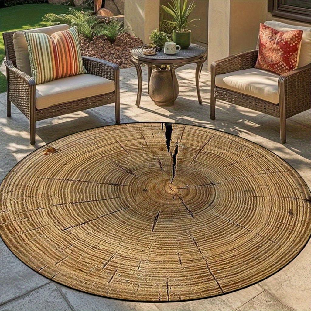 Tappeto Rotondo in Flanella con Venature del Legno e Anelli degli Alberi, Rustico, per Esterno, Patio, Giardino, Balcone, Tappetino per Pavimento, Texture Naturale, Decorazione Ecologica