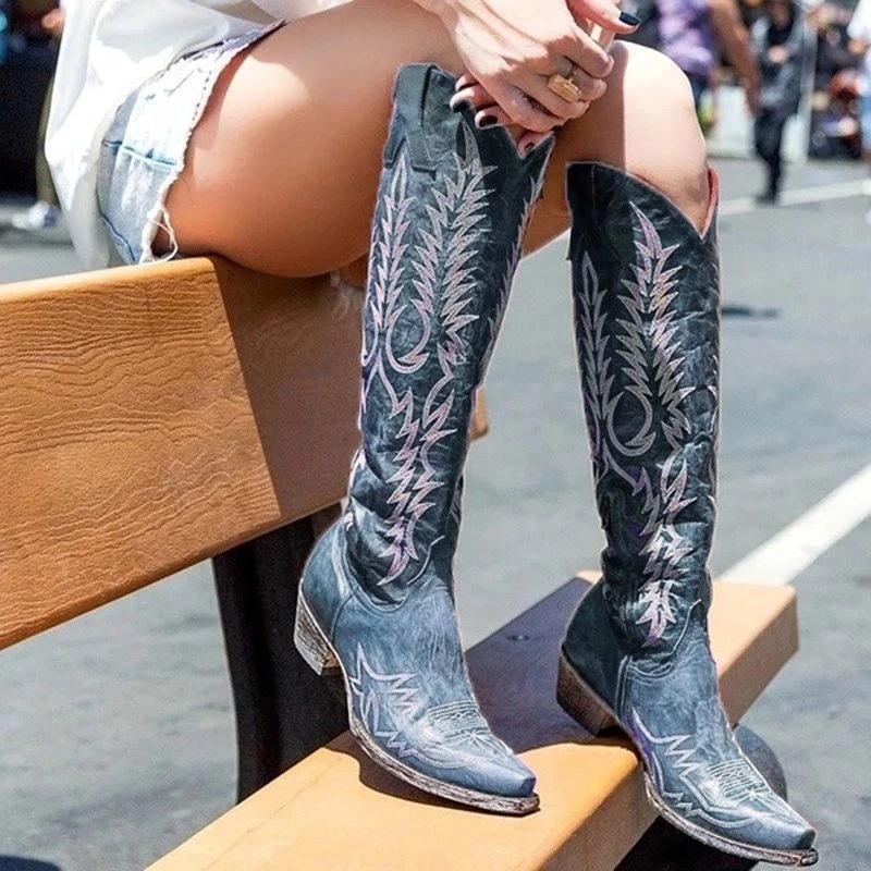Women Knee-High Modern Boots Square Heel Pointed Toe Embroidered Long Boots Large Size Low Heels Women Shoes Retro Red Brown